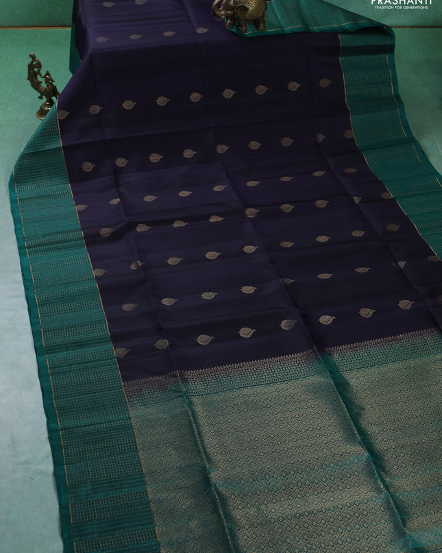 Pure soft silk saree navy blue and green with zari woven buttas and zari woven checked border