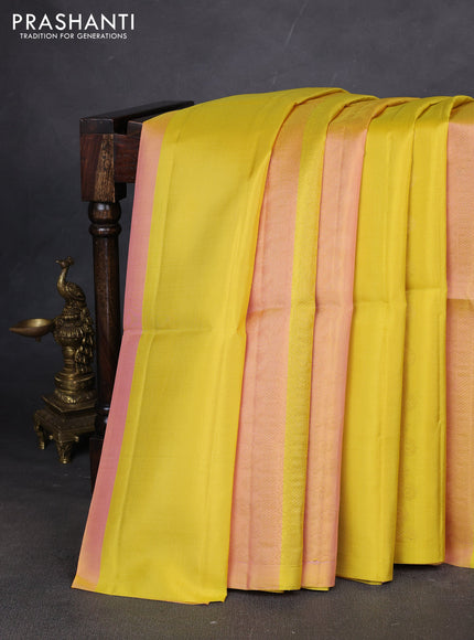 Pure soft silk saree mild peach and lime yellow with allover zari weaves in borderless style