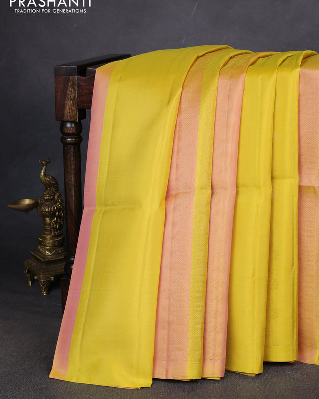 Pure soft silk saree mild peach and lime yellow with allover zari weaves in borderless style