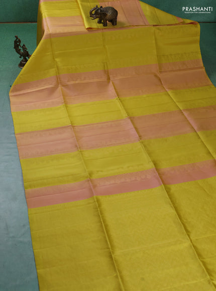 Pure soft silk saree mild peach and lime yellow with allover zari weaves in borderless style