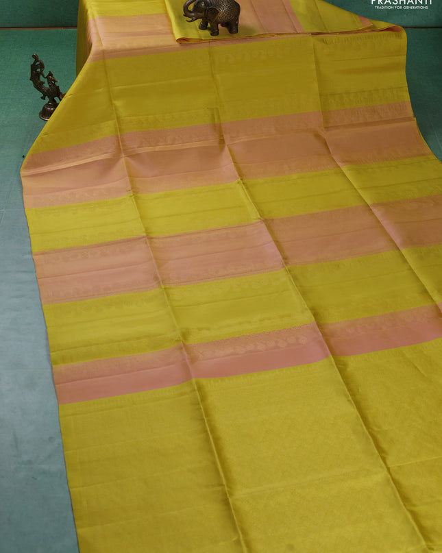 Pure soft silk saree mild peach and lime yellow with allover zari weaves in borderless style