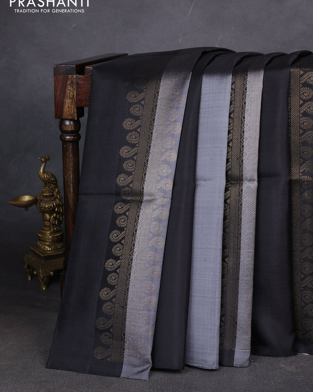 Pure soft silk saree grey and blacl with allover zari weaves in borderless style