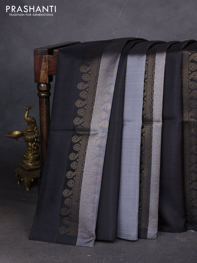 Pure soft silk saree grey and blacl with allover zari weaves in borderless style