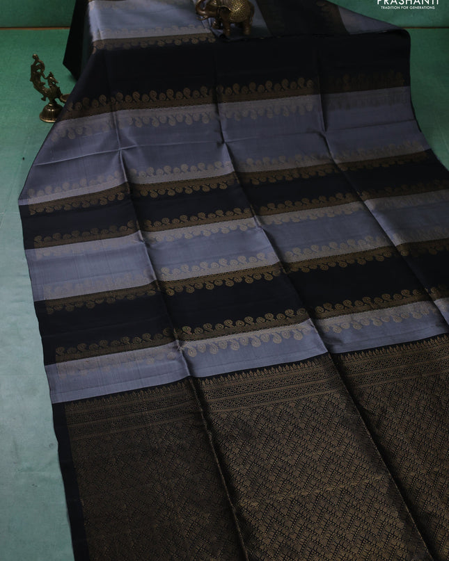 Pure soft silk saree grey and blacl with allover zari weaves in borderless style