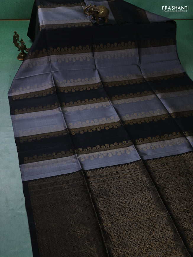 Pure soft silk saree grey and blacl with allover zari weaves in borderless style