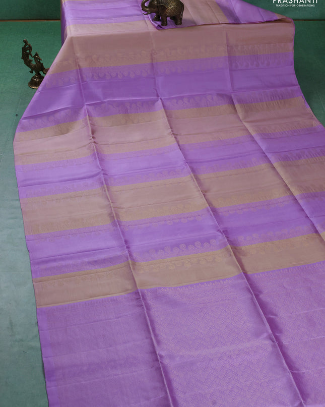 Pure soft silk saree lavender and sandal with allover zari weaves in borderless style
