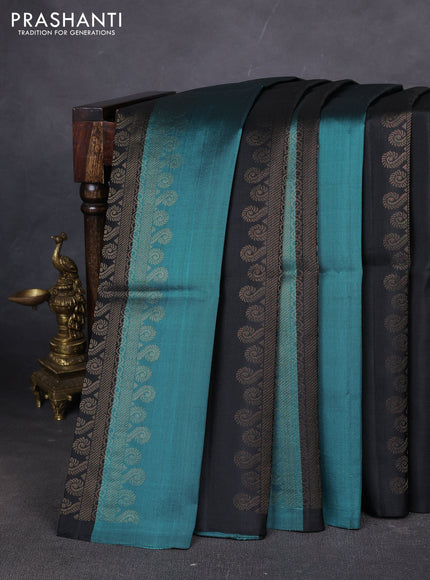 Pure soft silk saree peacock green and black with allover zari weaves in borderless style