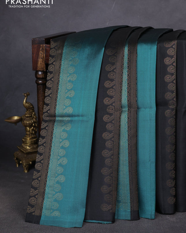 Pure soft silk saree peacock green and black with allover zari weaves in borderless style