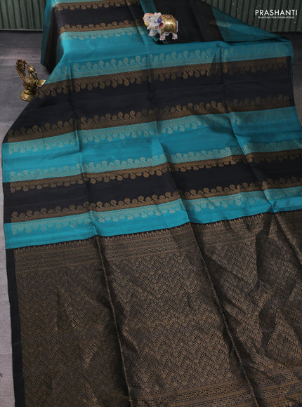 Pure soft silk saree peacock green and black with allover zari weaves in borderless style