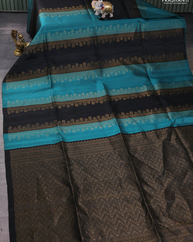 Pure soft silk saree peacock green and black with allover zari weaves in borderless style