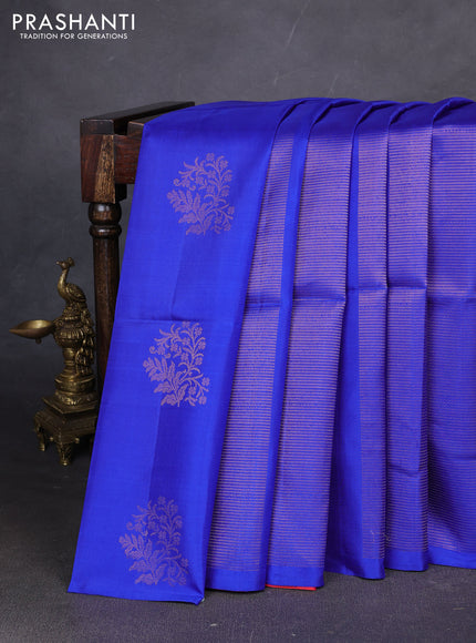 Pure soft silk saree royal blue and dual shade of pinkish orange with allover zari weaves in borderless style