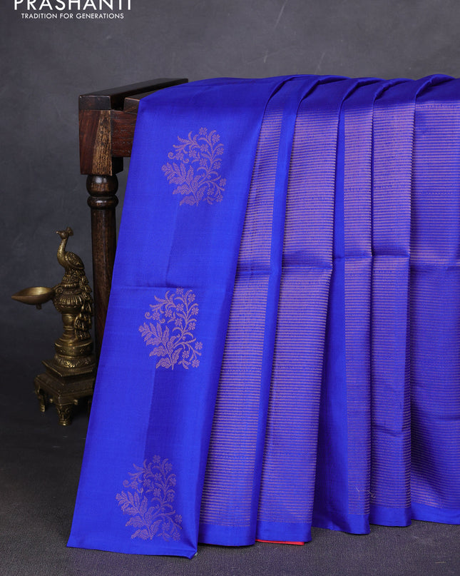 Pure soft silk saree royal blue and dual shade of pinkish orange with allover zari weaves in borderless style