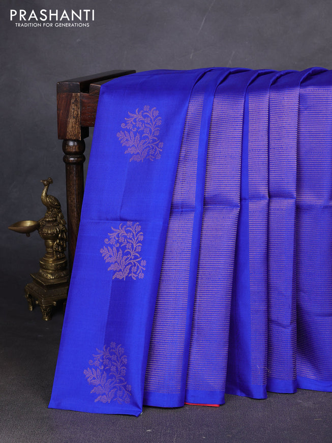 Pure soft silk saree royal blue and dual shade of pinkish orange with allover zari weaves in borderless style