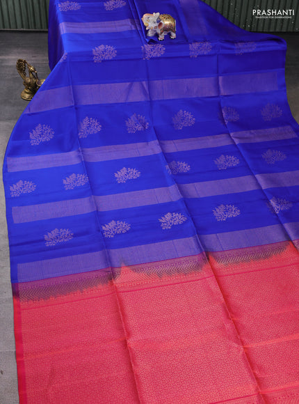 Pure soft silk saree royal blue and dual shade of pinkish orange with allover zari weaves in borderless style