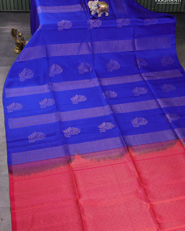Pure soft silk saree royal blue and dual shade of pinkish orange with allover zari weaves in borderless style