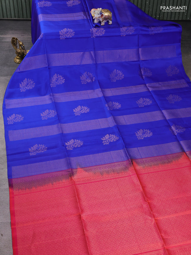 Pure soft silk saree royal blue and dual shade of pinkish orange with allover zari weaves in borderless style