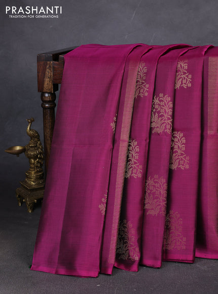 Pure soft silk saree dark magenta pink and green with allover zari weaves in borderless style
