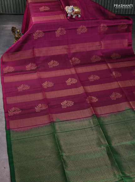 Pure soft silk saree dark magenta pink and green with allover zari weaves in borderless style