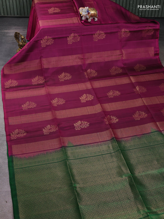 Pure soft silk saree dark magenta pink and green with allover zari weaves in borderless style