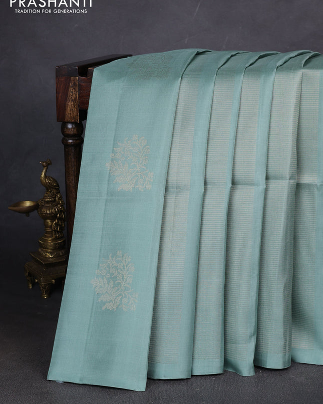 Pure soft silk saree pastel green and grey with allover zari weaves in borderless style