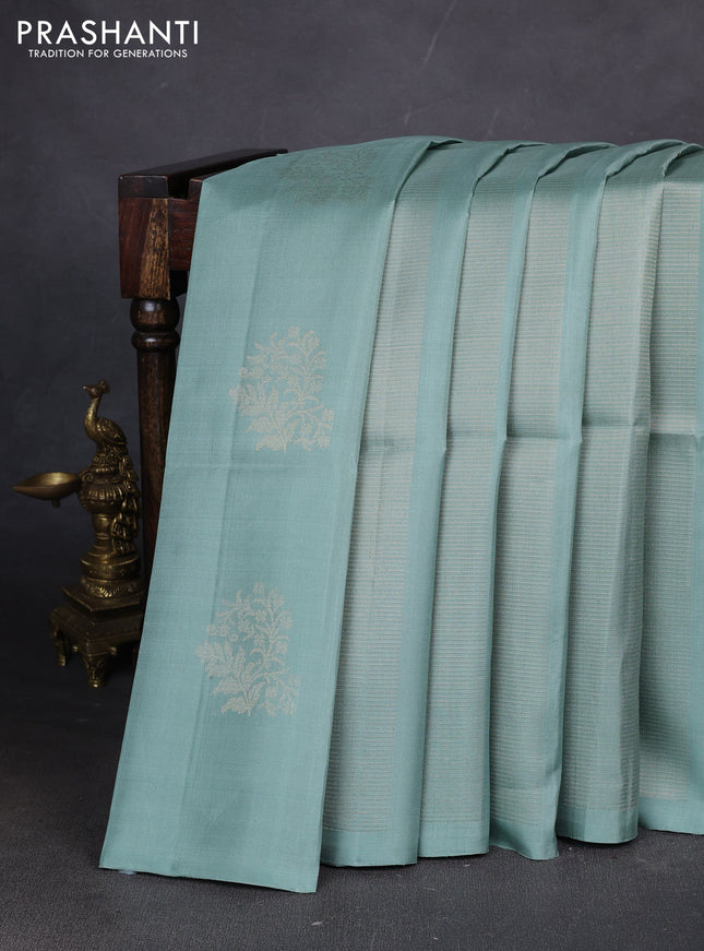 Pure soft silk saree pastel green and grey with allover zari weaves in borderless style