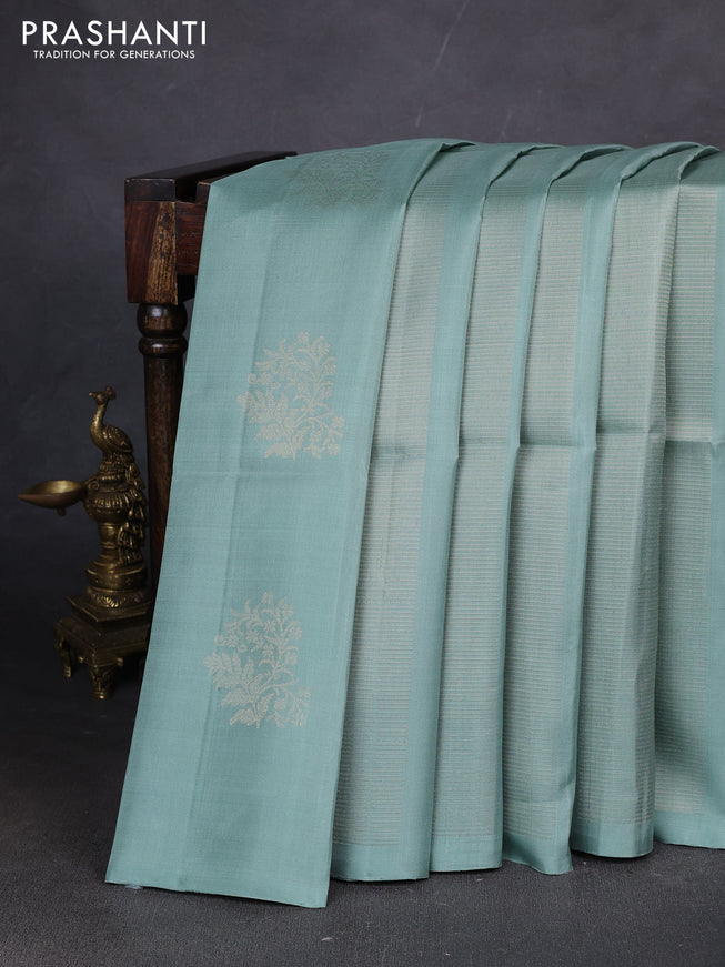 Pure soft silk saree pastel green and grey with allover zari weaves in borderless style
