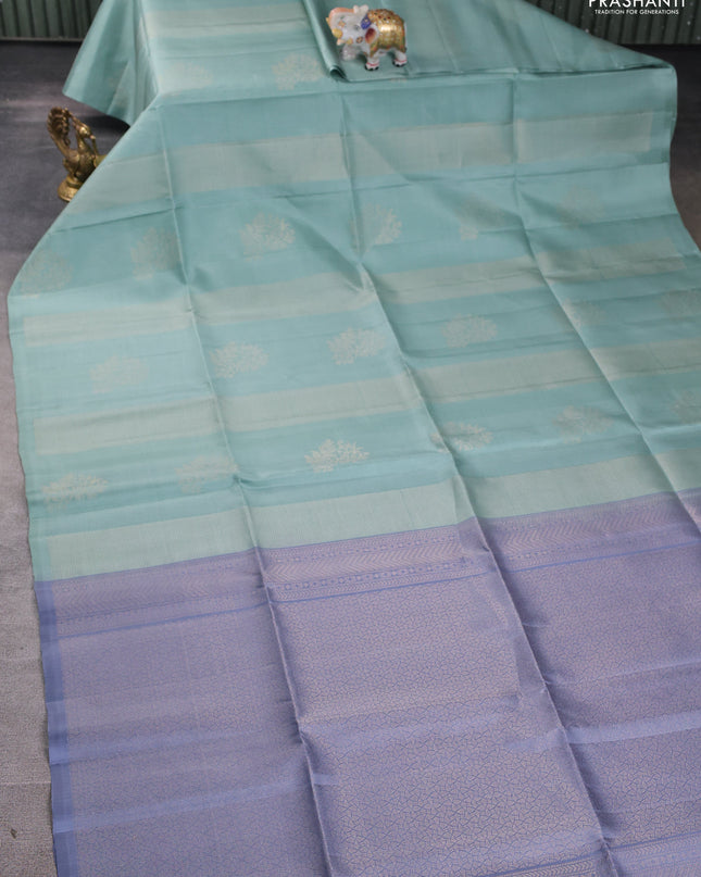 Pure soft silk saree pastel green and grey with allover zari weaves in borderless style