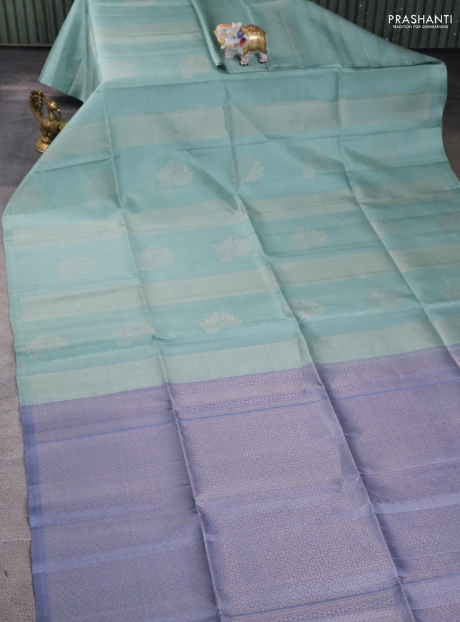 Pure soft silk saree pastel green and grey with allover zari weaves in borderless style