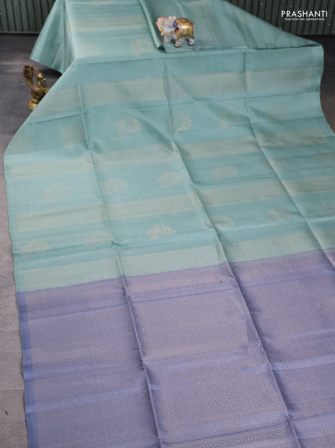 Pure soft silk saree pastel green and grey with allover zari weaves in borderless style