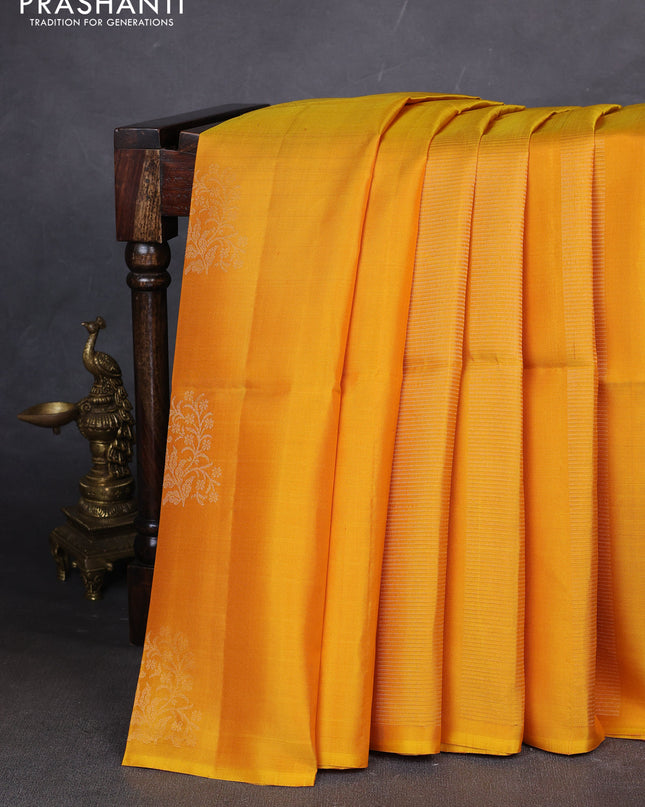 Pure soft silk saree mustard yellow and dual shade of pinkish orange with allover zari weaves in borderless style