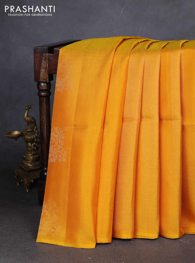 Pure soft silk saree mustard yellow and dual shade of pinkish orange with allover zari weaves in borderless style
