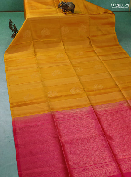 Pure soft silk saree mustard yellow and dual shade of pinkish orange with allover zari weaves in borderless style