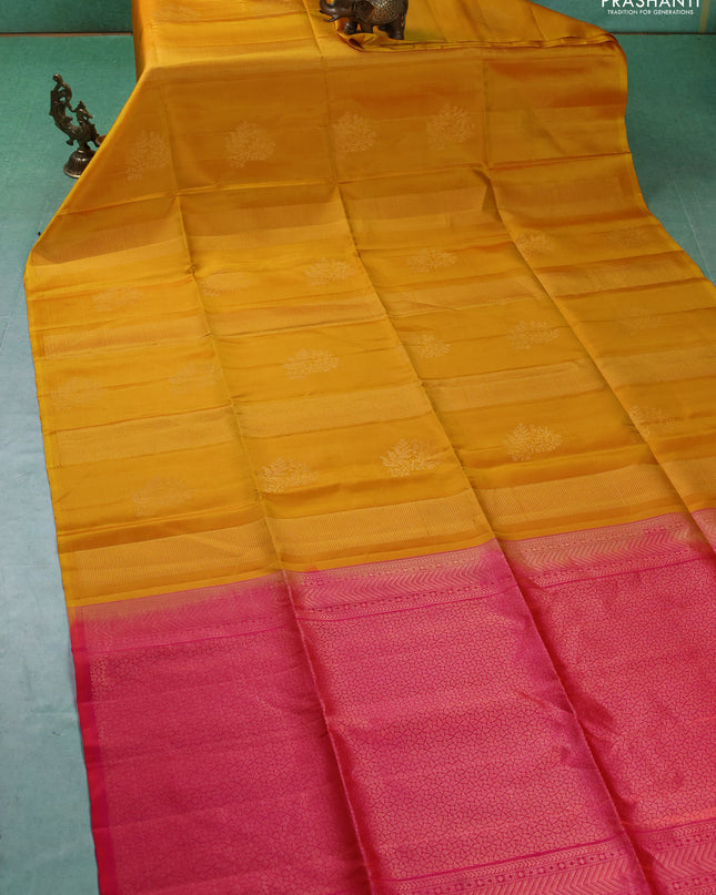 Pure soft silk saree mustard yellow and dual shade of pinkish orange with allover zari weaves in borderless style