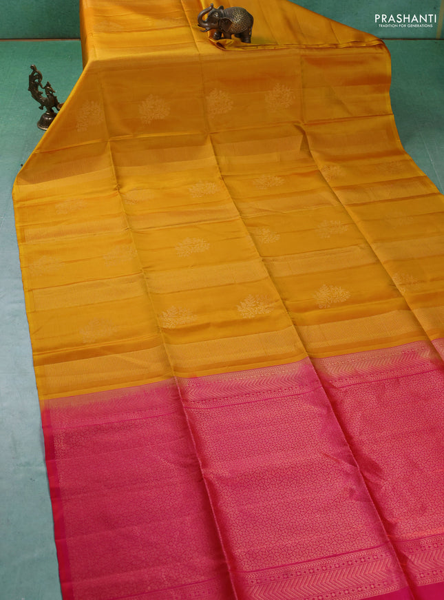 Pure soft silk saree mustard yellow and dual shade of pinkish orange with allover zari weaves in borderless style
