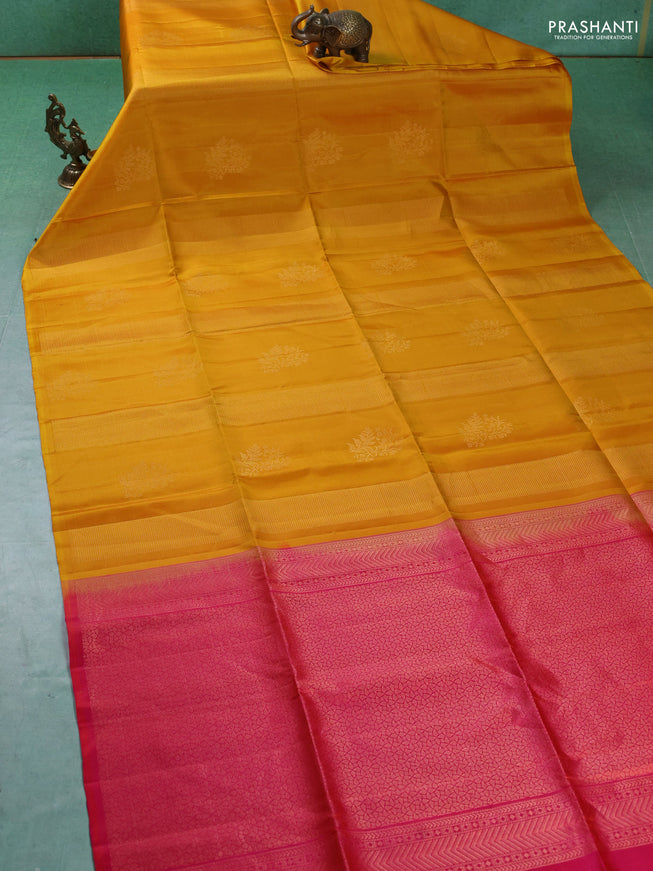 Pure soft silk saree mustard yellow and dual shade of pinkish orange with allover zari weaves in borderless style
