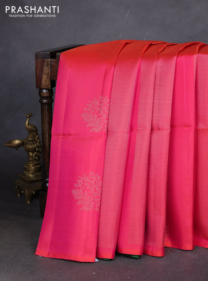 Pure soft silk saree dual shade of pinkish orange and green with allover zari weaves in borderless style
