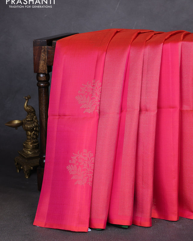 Pure soft silk saree dual shade of pinkish orange and green with allover zari weaves in borderless style