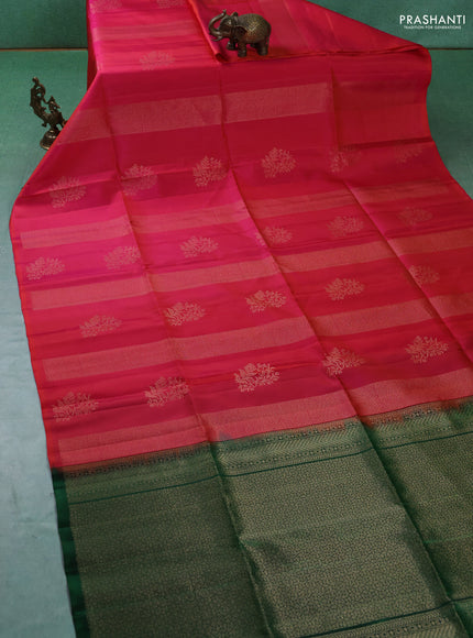 Pure soft silk saree dual shade of pinkish orange and green with allover zari weaves in borderless style