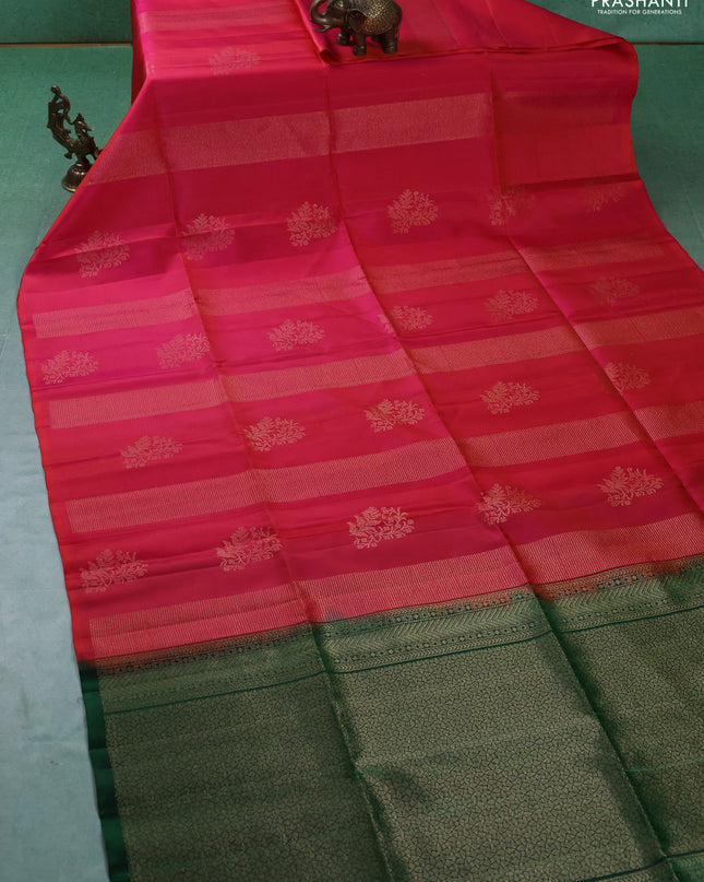 Pure soft silk saree dual shade of pinkish orange and green with allover zari weaves in borderless style