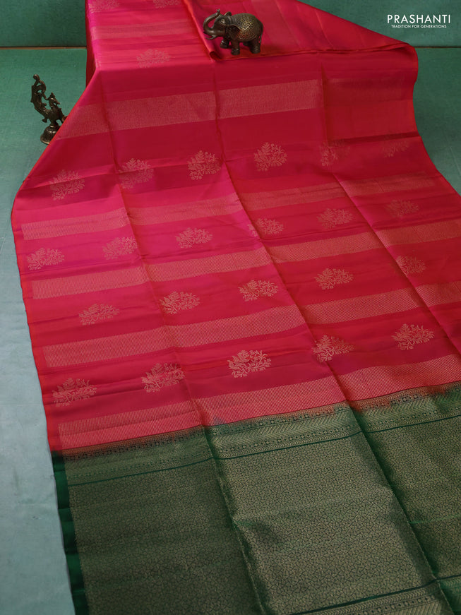 Pure soft silk saree dual shade of pinkish orange and green with allover zari weaves in borderless style