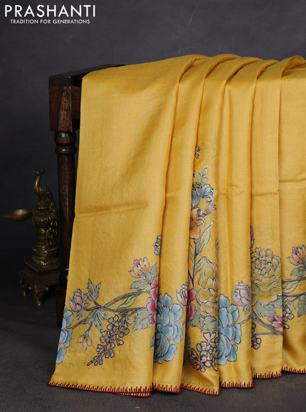 Pure tussar silk saree Yellow with allover floral prints & pita work and embroided border