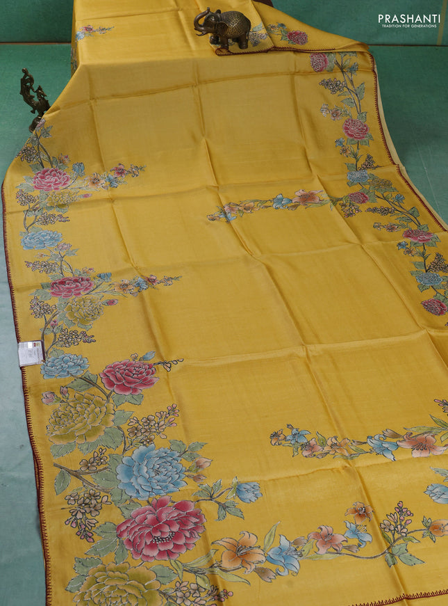 Pure tussar silk saree Yellow with allover floral prints & pita work and embroided border