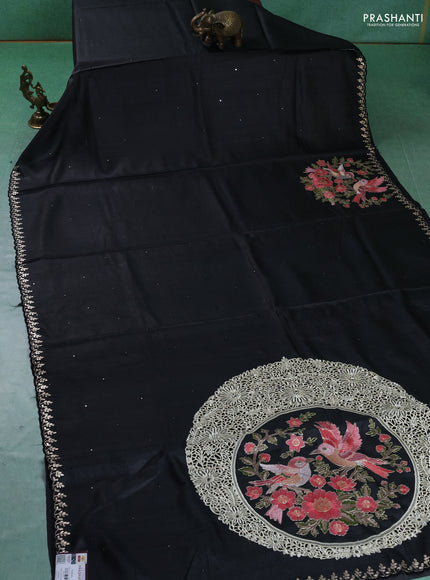 Pure tussar silk saree black with allover mirror work and embroidery border