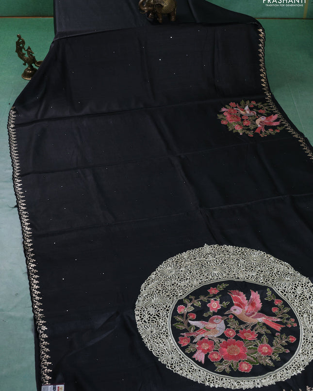 Pure tussar silk saree black with allover mirror work and embroidery border