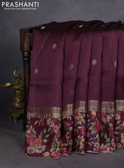 Pure Tussar silk saree deep maroon with zari woven buttas and zari woven floral printed border