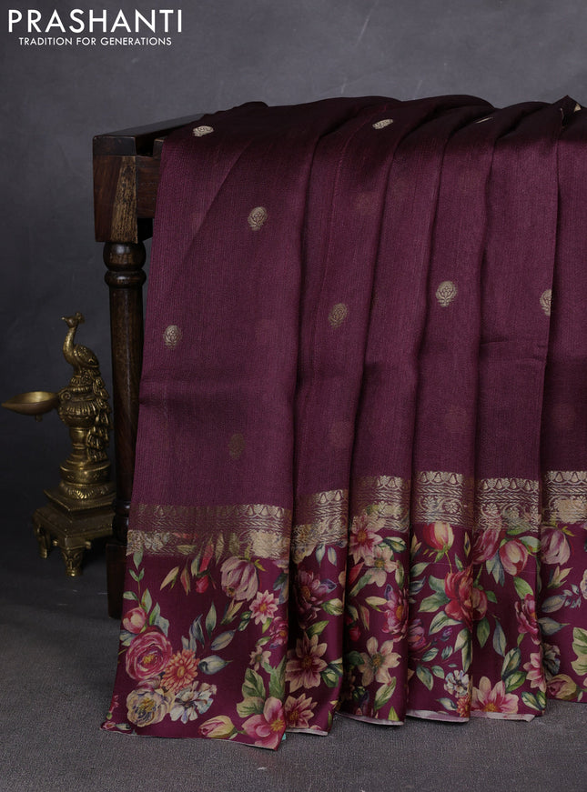 Pure Tussar silk saree deep maroon with zari woven buttas and zari woven floral printed border