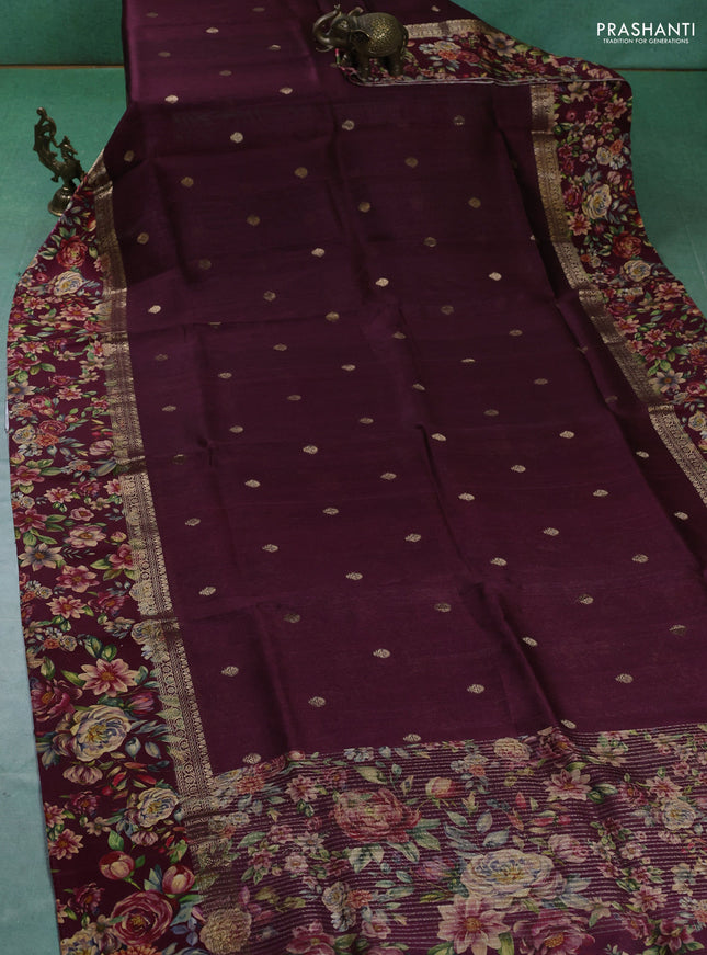 Pure Tussar silk saree deep maroon with zari woven buttas and zari woven floral printed border