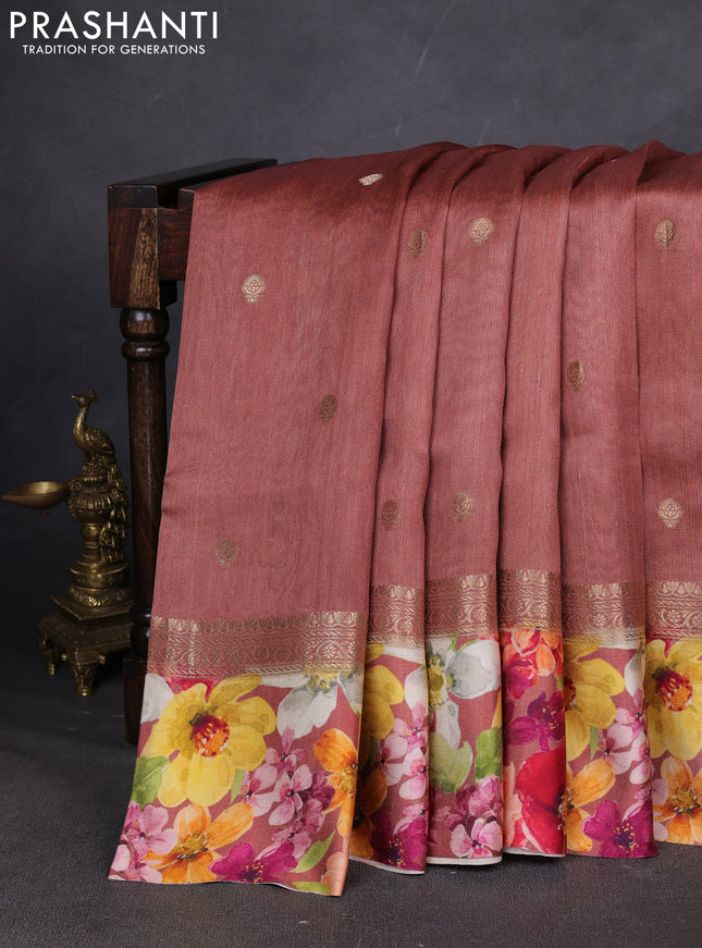 Pure Tussar silk saree rust shade with zari woven buttas and zari woven floral printed border