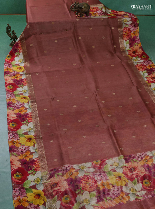 Pure Tussar silk saree rust shade with zari woven buttas and zari woven floral printed border