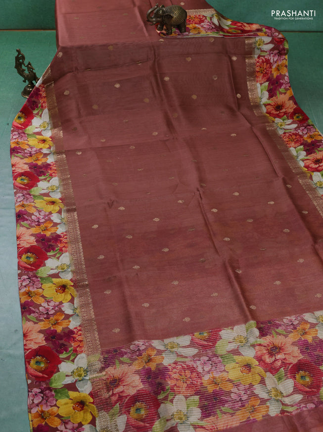 Pure Tussar silk saree rust shade with zari woven buttas and zari woven floral printed border